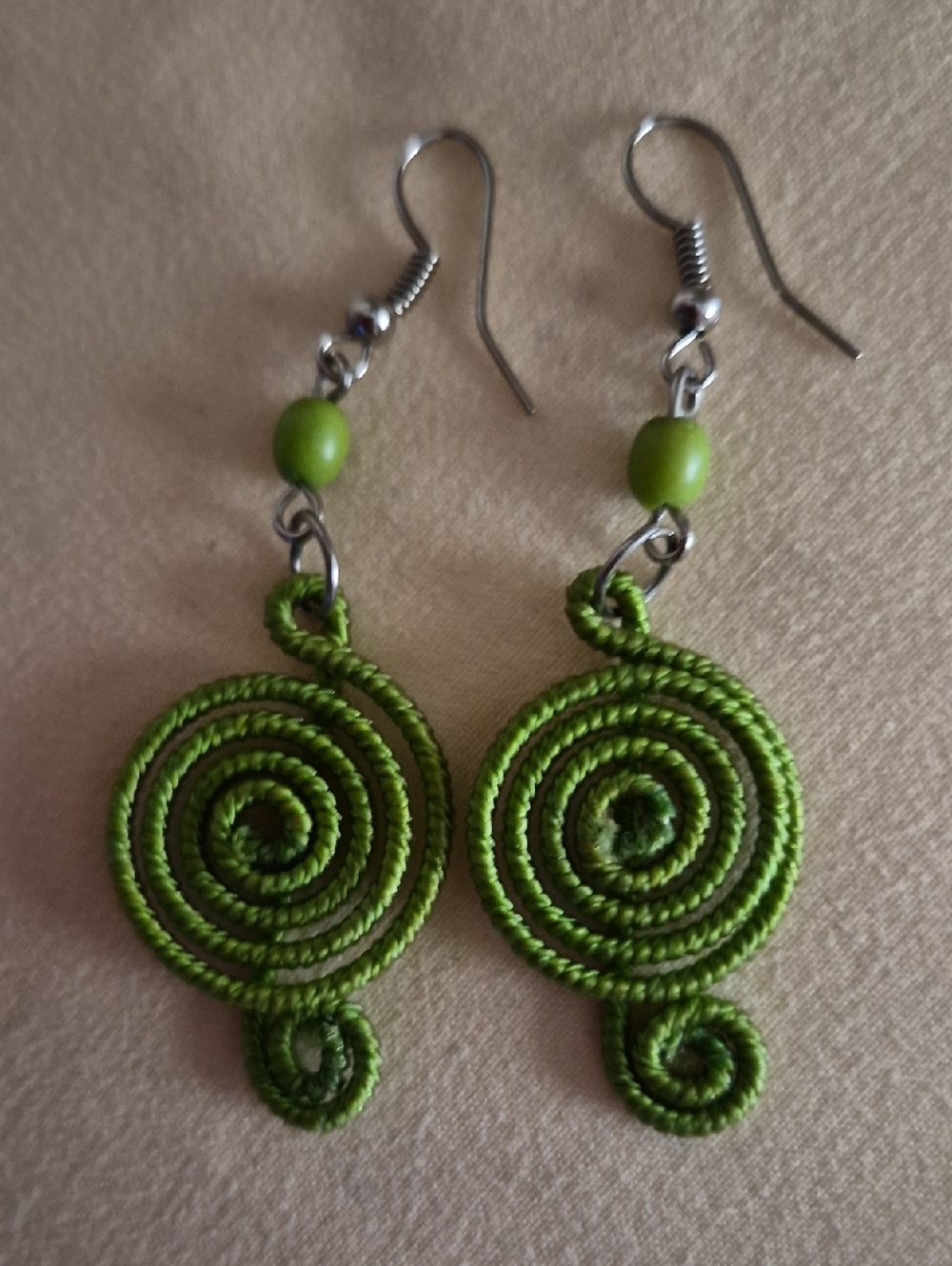 Handcrafted Boho Chic Green Spiral Dangle Earrings